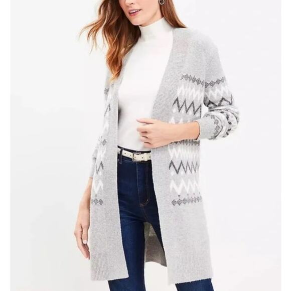 Loft Gray & White Striped Oversized Fair Isle Open Cardigan Sweater Women's MP - Picture 1 of 5